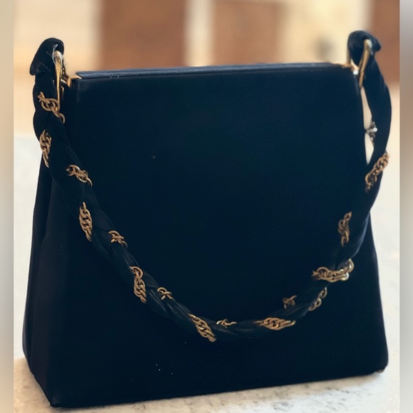 VTG Satchel Black velvety suede Custom Made by Calem Gold Chain Accent Handbag - Picture 4 of 13